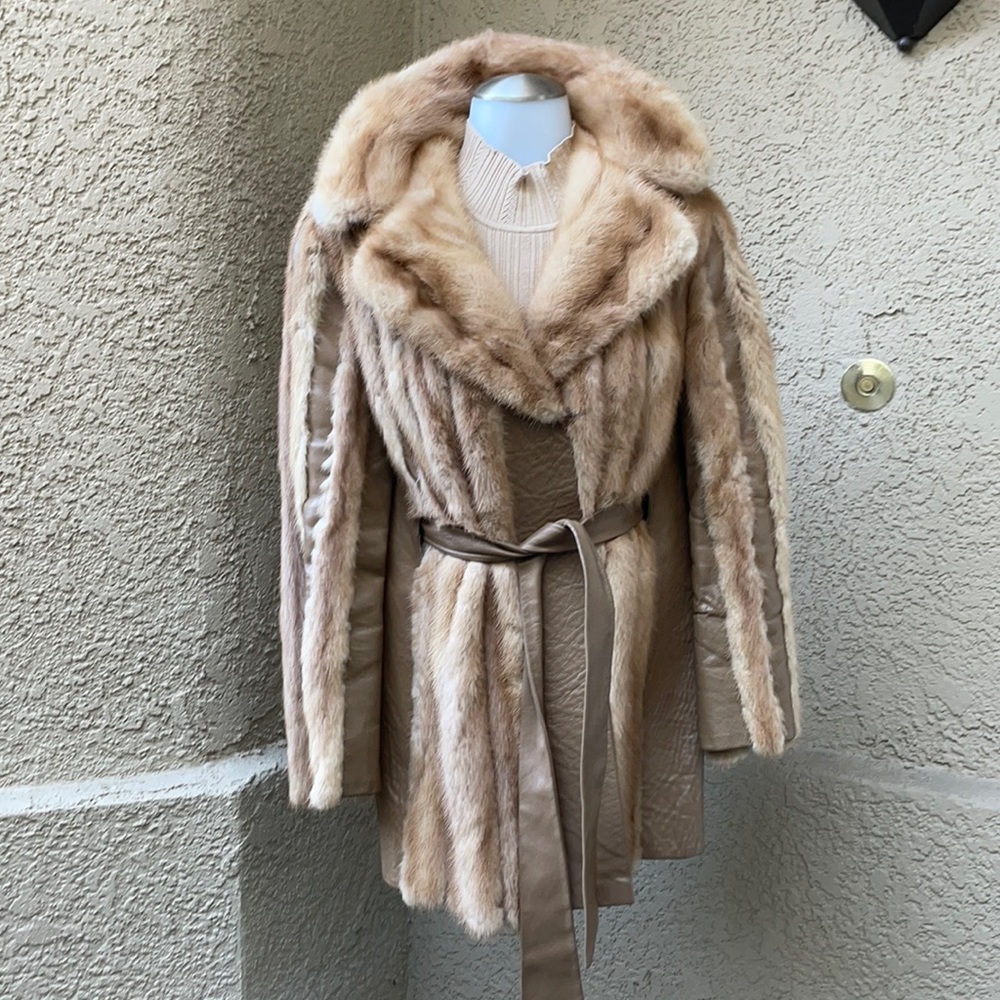 Vintage tan pure mink coat with leather trim